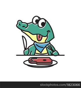 Crocodile Alligator Eating Meat Funny Cute Character Cartoon Mascot