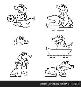 Crocodile Alligator Funny Cute Character Cartoon Mascot Vector Line