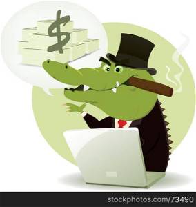Crocodile Bankster Crook. Illustration of a funny cartoon crocodile crook trader buying and selling and promising lot of money