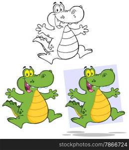 Crocodile Cartoon Mascot Character Jumping. Collection Set