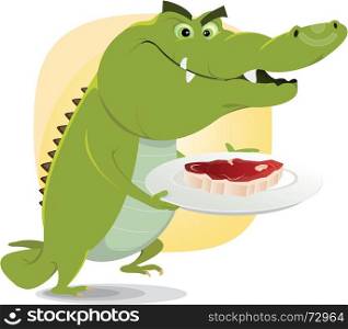 Crocodile Lunch. Illustration of a cartoon crocodile about to eat a big steak