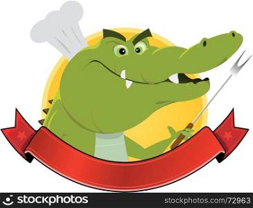 Crocodile Restaurant Banner. Illustration of a cartoon crocodile cook inside banner
