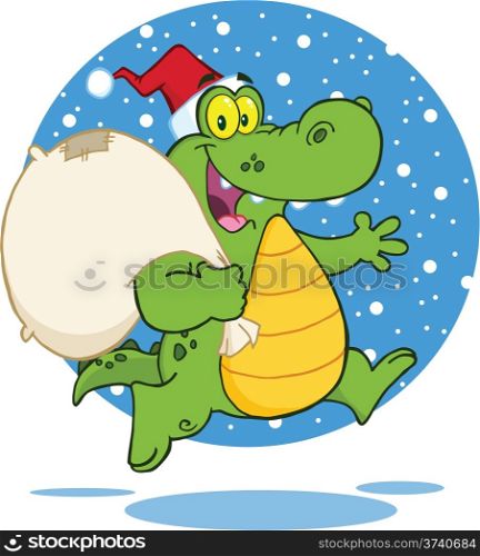 Crocodile Santa Cartoon Character Running With Bag