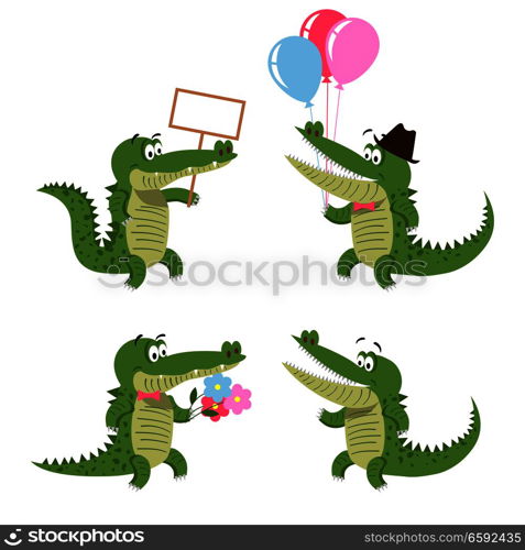 Crocodiles set isolated on white. Cartoon character with empty signboard, air balloons, with flowers in cute bow, and with wide opened mouth. Big reptiles vector illustration of friendly crocs. Crocodiles Set Isolated on White. Friendly Crocs