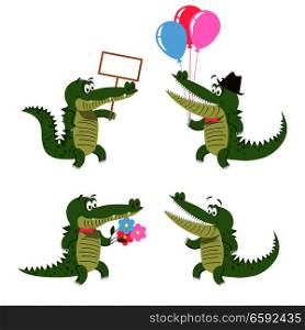 Crocodiles set isolated on white. Cartoon character with empty signboard, air balloons, with flowers in cute bow, and with wide opened mouth. Big reptiles vector illustration of friendly crocs. Crocodiles Set Isolated on White. Friendly Crocs