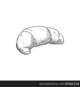 Croissant French crescent roll isolated sketch. Vector bun on european breakfast, crescent-shaped pastry. French roll isolated croissant monochrome sketch