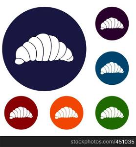 Croissant icons set in flat circle reb, blue and green color for web. Croissant icons set