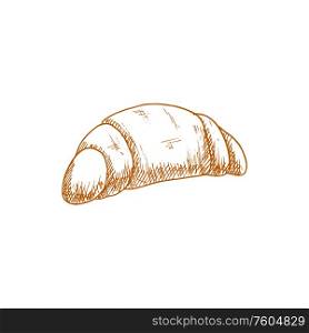 Croissant isolated flaky pastry monochrome sketch. Vector french crescent-shaped roll with jam. French roll isolated croissant hand drawn sketch