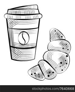 Croissant sweet snack dessert vector, crescent meal cookie monochrome sketch outline. Plastic cup with hot beverage coffee bean logotype flat style. Croissant and Plastic Cup of Coffee with Bean Logo
