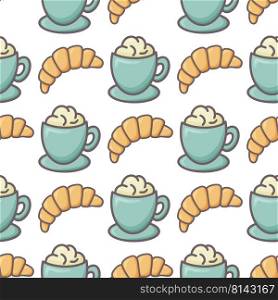 Croissants and coffee seamless pattern vector illustration. Background traditional french pastries with cups. Breakfast pastries and cappuccino print for paper, packaging and design. Croissants and coffee seamless pattern vector illustration