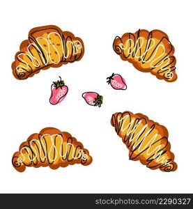 Croissants and strawberries hand drawn collection. Perfect for T-shirt, stickers and print. Doodle vector illustration for decor and design.
