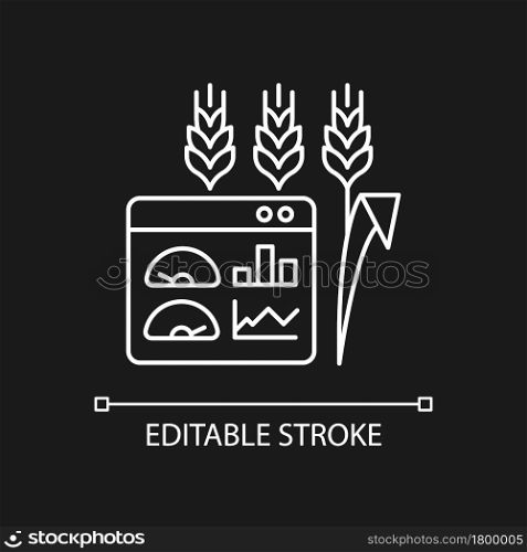 Crop and soil monitoring and management white linear icon for dark theme. Monitoring soil quality. Thin line customizable illustration. Isolated vector contour symbol for night mode. Editable stroke. Crop and soil monitoring and management white linear icon for dark theme