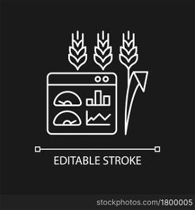 Crop and soil monitoring and management white linear icon for dark theme. Monitoring soil quality. Thin line customizable illustration. Isolated vector contour symbol for night mode. Editable stroke. Crop and soil monitoring and management white linear icon for dark theme