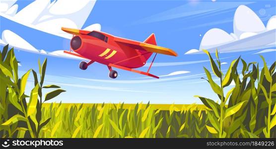 Crop duster plane flying over green corn field, farm airplane in blue cloudy sky. Agricultural cropduster machine spraying pesticides on meadow, farming aircraft, aviation, Cartoon vector illustration. Crop duster plane flying over green corn field