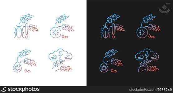 Crop loss reasons gradient icons set for dark and light mode. Pests danger. Crop diseases. Thin line contour symbols bundle. Isolated vector outline illustrations collection on black and white. Crop loss reasons gradient icons set for dark and light mode