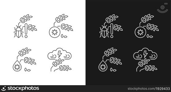 Crop loss reasons linear icons set for dark and light mode. Pests danger. Adverse weather and climate changes. Customizable thin line symbols. Isolated vector outline illustrations. Editable stroke. Crop loss reasons linear icons set for dark and light mode