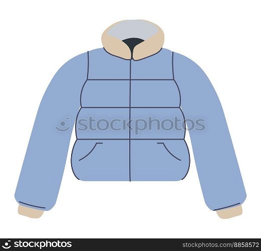 Crop puffer jacket for winter season cold and frosty weather. Isolated clothing for men and women, piece with long sleeves and pockets. Clothes and apparel, outfits. Vector in flat style illustration. Outerwear clothes, crop jacket for winter vector