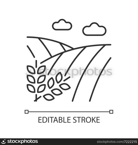 Cropland linear icon. Crops production and harvest. Farming and arable land. Agricultural area. Thin line customizable illustration. Contour symbol. Vector isolated outline drawing. Editable stroke. Cropland linear icon