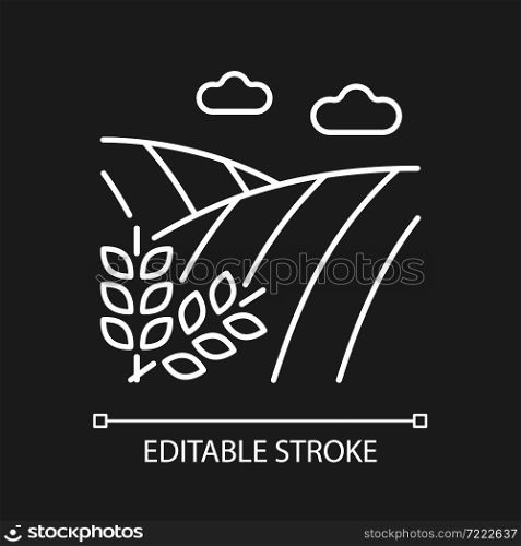 Cropland white linear icon for dark theme. Crops production and harvest. Farming and arable land. Thin line customizable illustration. Isolated vector contour symbol for night mode. Editable stroke. Cropland white linear icon for dark theme