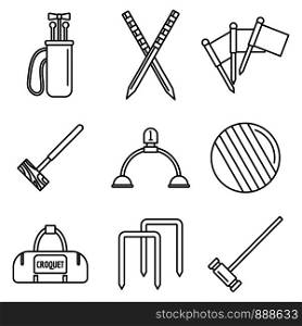 Croquet equipment icons set. Outline set of croquet equipment vector icons for web design isolated on white background. Croquet equipment icons set, outline style
