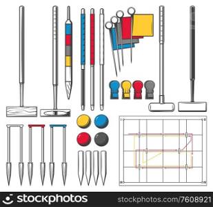 Croquet game equipment, vector icons. Croquet sport club team accessory balls and wooden mallet, score flags, hoops, pins and players court field. Croquet sport equipment and game accessory icons