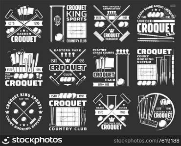 Croquet items and equipment icons, sport club tournament vector signs. Croquet tournament and championship game crossed bats, balls, wicket hoops and pegs on playing field court. Croquet items and equipment icons, sport club sign