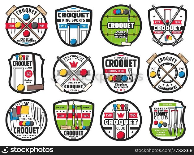 Croquet sport championship and sport club vector icons. Croquet game equipment playing ball and sticks or bats, goal pegs, flag and wicket, croquet club tournament and league championship game emblems. Croquet sport club icons, championship, tournament
