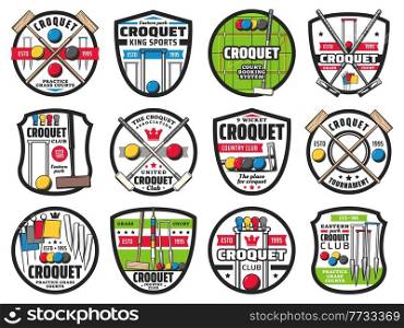 Croquet sport championship and sport club vector icons. Croquet game equipment playing ball and sticks or bats, goal pegs, flag and wicket, croquet club tournament and league championship game emblems. Croquet sport club icons, championship, tournament