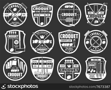 Croquet sport club monochrome icons set. Croquet equipment, mallet, ball and hop, peg, clip and flag engraved vector. Sport team tournament, grass court booking and game club retro emblems or badges. Croquet sport club monochrome vector icons set