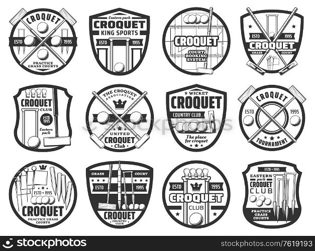 Croquet sport icons, equipment and items, country team club tournament vector emblem. Croquet playing equipment items, crossed bats, balls and wicket hoops, croquet club association and booking signs. Croquet sport icons, equipment and items
