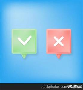 Cross and Check Icon. Speech Bubble with Accepted and Confirmed Sign. Survey Reaction Symbol on Blurred Blue Background.. Cross and Check Icon. Speech Bubble with Accepted and Confirmed Sign. Survey Reaction Symbol on Blurred Blue Background