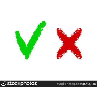 Cross and check mark on isolation Grunge cross sign. Graphic design element. Vector illustration