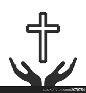 Cross and saving hands. Flat isolated Christian vector illustration, biblical background.. Cross and saving hands. Flat isolated Christian illustration