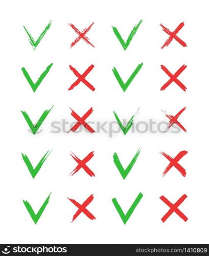 Cross and tick icons. Mark of check. V-green, x-red. Sign of right or wrong. Checkmark-yes, cross-cancel. Set of brush, grunge symbols. Correct checklist with choice, vote, accept and reject. Vector.. Cross and tick icons. Mark of check. V-green, x-red. Sign of right or wrong. Checkmark-yes, cross-cancel. Set of brush, grunge symbols. Correct checklist with choice, vote, accept and reject. Vector