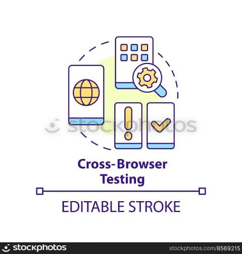 Cross browser testing concept icon. Different browsers. Mobile first design testing abstract idea thin line illustration. Isolated outline drawing. Editable stroke. Arial, Myriad Pro-Bold fonts used. Cross browser testing concept icon