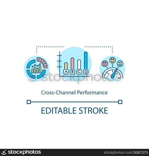 Cross-channel performance concept icon. Omnichannel marketing campaign idea thin line illustration. Brand management. Client experience. Vector isolated outline RGB color drawing. Editable stroke. Cross-channel performance concept icon