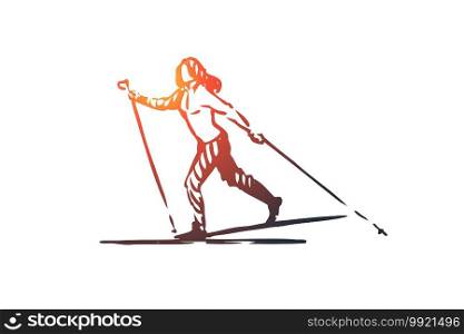 Cross, country, skiing, winter, sport concept. Hand drawn female skier with equipment concept sketch. Isolated vector illustration.. Cross, country, skiing, winter, sport concept. Hand drawn isolated vector.