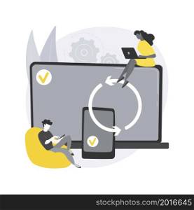 Cross-device syncing abstract concept vector illustration. All device synching, software testing operation, cross-device synchronization, website mobile and desktop versions abstract metaphor.. Cross-device syncing abstract concept vector illustration.