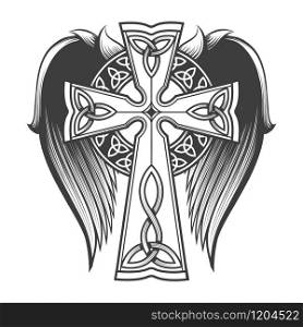 Cross in celtic style with big wings tattoo in engraving style. Vector illustration.