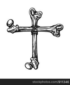 Cross made of human bones fastened with a rope. Vector Illustration in tattoo style