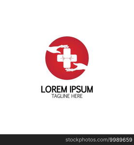 Cross Medical Logo With Hand Care. Medical Secure Logo Template Design Vector