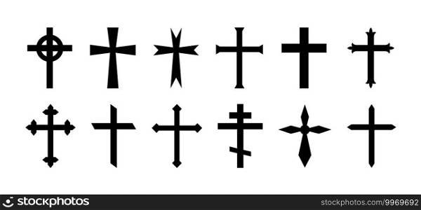 Cross of christian crucifix. Icon of christian cross. Symbol of church of jesus. Sign of catholic, religious and orthodox faith. Set of black gothic logos on white background. Different design. Vector. Cross of christian crucifix. Icon of christian cross. Symbol of church of jesus. Sign of catholic, religious, orthodox faith. Set of black gothic logos on white background. Different design. Vector.