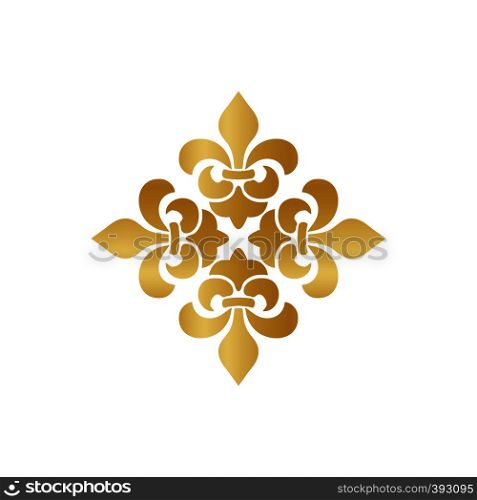 Cross of Lilies, Royal heraldic cross. Fleur de Lis sign, musketeer icon. Vector gold element on white background. Cross of Lilies, Royal heraldic cross. Fleur de Lis sign, musketeer icon. Vector element on white background