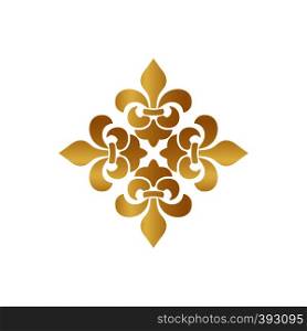 Cross of Lilies, Royal heraldic cross. Fleur de Lis sign, musketeer icon. Vector gold element on white background. Cross of Lilies, Royal heraldic cross. Fleur de Lis sign, musketeer icon. Vector element on white background