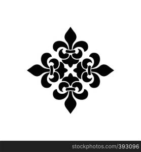 Cross of Lilies, Royal heraldic cross. Fleur de Lis sign, musketeer icon. Vector black element on white background. Cross of Lilies, Royal heraldic cross. Fleur de Lis sign, musketeer icon. Vector element on white background
