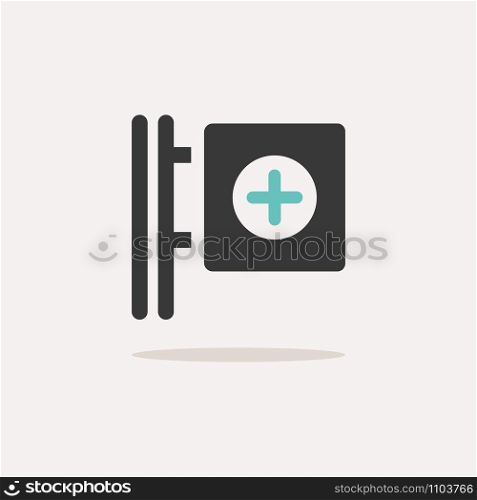 Cross pharmacy sign. Icon with shadow on a beige background. Pharmacy flat vector illustration