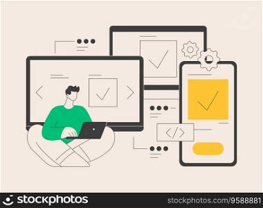Cross-platform development abstract concept vector illustration. Cross-platform operating systems, compatible software environments, mobile app user experience, code writing abstract metaphor.. Cross-platform development abstract concept vector illustration.