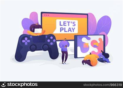 Cross-platform play, cross-play, cross-platform gaming on different video game hardware concept. Vector isolated concept illustration with tiny people and floral elements. Hero image for website.. Cross-platform play vector illustration.