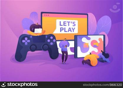 Cross-platform play, cross-play, cross-platform gaming on different video game hardware concept. Vector isolated concept illustration with tiny people and floral elements. Hero image for website.. Cross-platform play vector illustration.