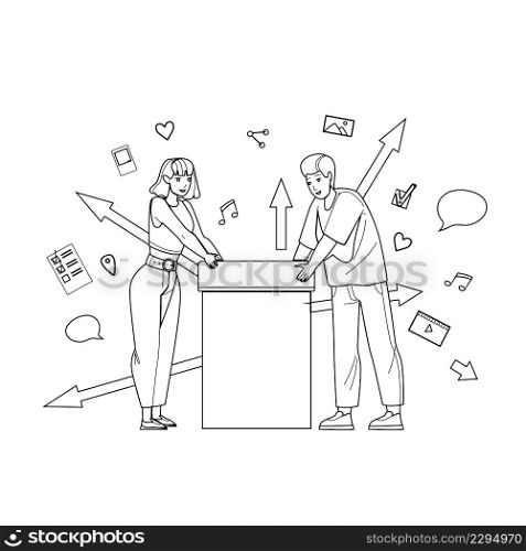 Cross Posting Social Media Marketing Smm Black Line Pencil Drawing Vector. Man And Woman Electronics Technology Users Cross Posting Internet Business Occupation. Characters Post Promotion Illustration. Cross Posting Social Media Marketing Smm Vector